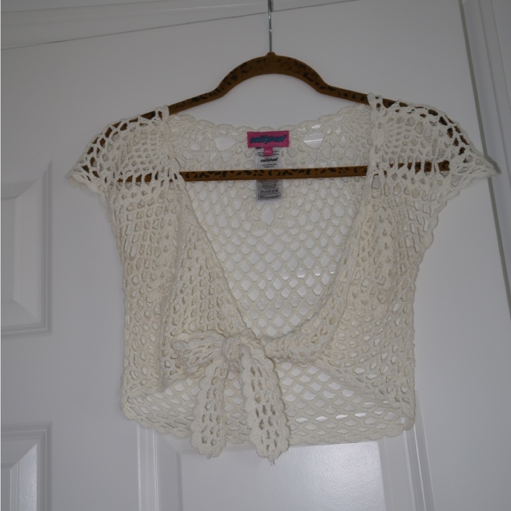 Edikted white crochet crop top that ties in the front